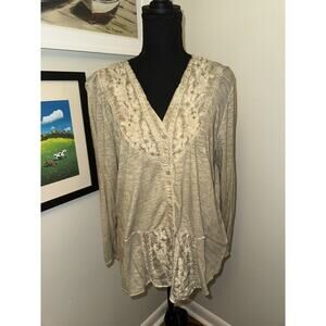 Reba women’s tan tunic Button Down Studded Embroidery Hippie Unique XL